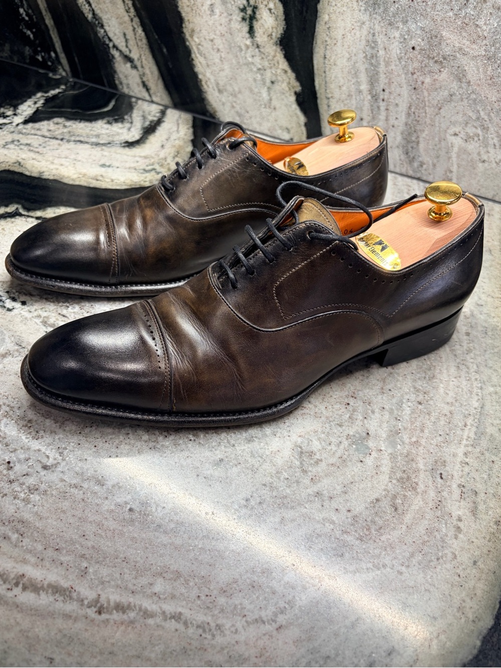 Santoni Fatte a Mano Museum Brown Cap Toe Oxford UK 9.5 US 10.5 Handmade - Picture 3 of 12